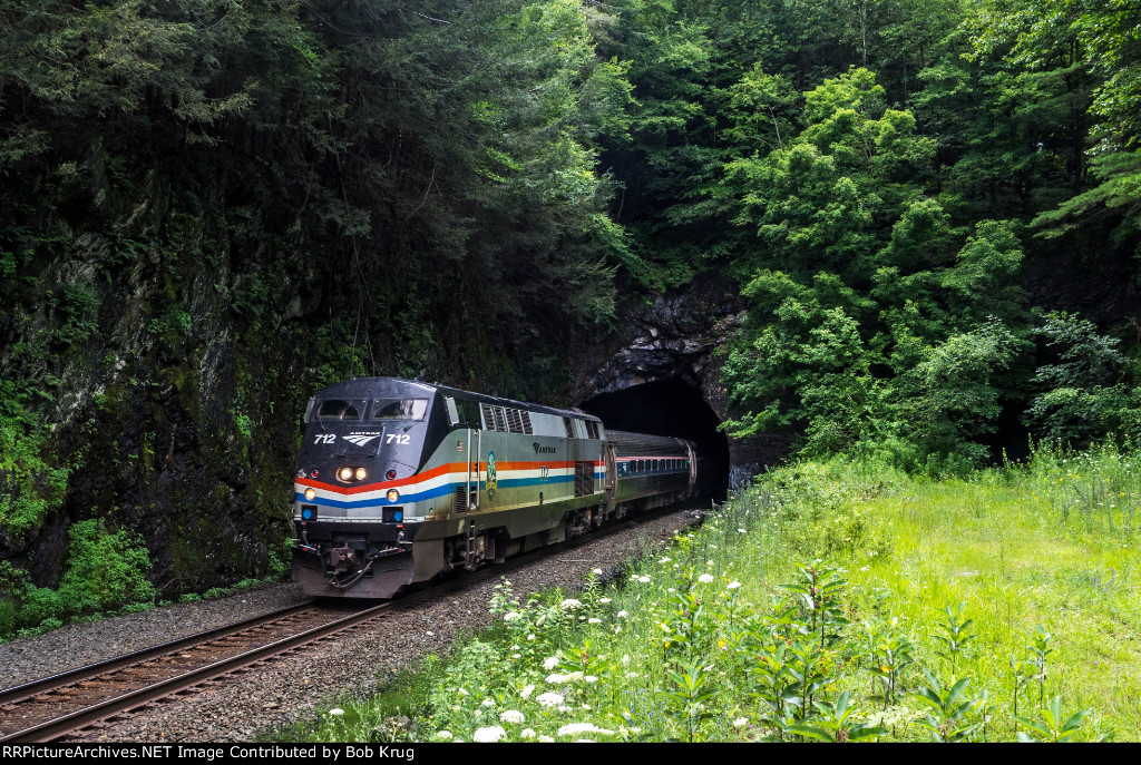 AMTK 712 leads the deadhead move of the Berkshire Flyer out the east portal of the State Line Tunnel
